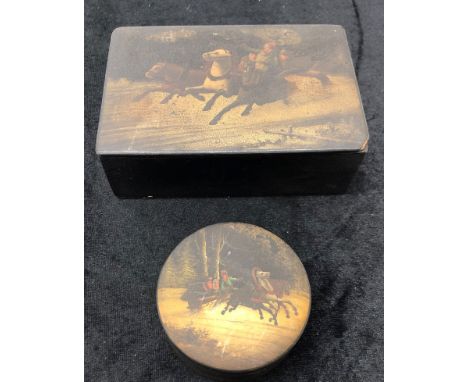A 19th Century Russian painted papier mache tea caddy depicting a troika with stamps underneath lid; together with a 19th cen