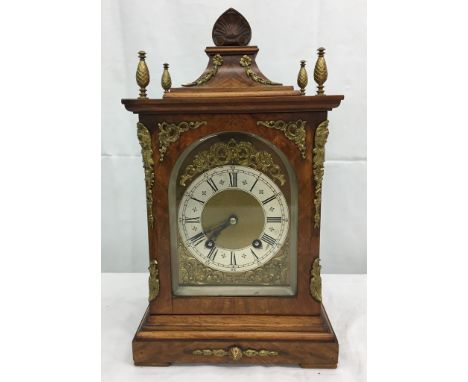 A 19th century AGU Lenzkirch mantel clock, with eight-day movement, ting-tang strike, veneered and ormolu fitted clock, good 