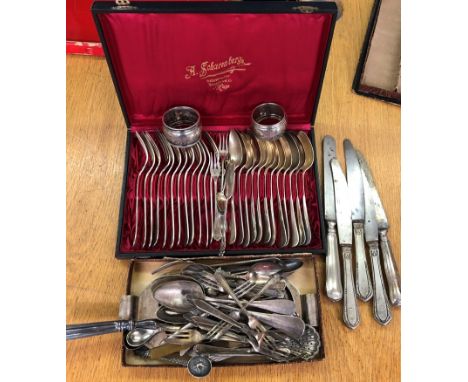 Cased vintage Christophile cutlery; together with silver napkin rings, EPNS and silver flatware