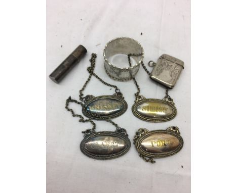 A HM silver vesta; together with napkin ring, cylinder and four plated decanter labels