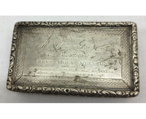 A Regency period engraved silver snuff box by Thomas Shaw, Birmingham, 1830. "Presented to Mr William Stafford by the relativ