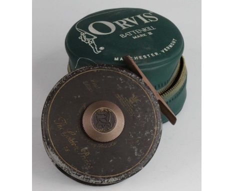 A Hardy The Golden Prince 7/8 3 1/4" centre pin fly reel, First Edition, Serial No. 294, in associated Orvis leather pouch.