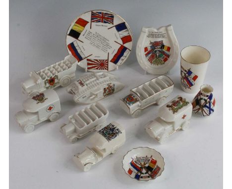 A collection of WW I / Military related crested cabinet china to include a W.H. Goss beaker printed with Flags of the Allies,