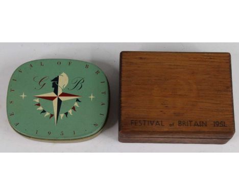 A 1951 Festival of Britain lithograph printed tin containing various badges and brooches to include Festival of Britain Bulme