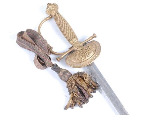 A Victorian Court sword, the 80cm blade etched with a crowned VR cypher and scrolling foliage, marked to the forte Parfitt Ro