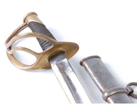An 1860 pattern Cavalry sword, having an 89cm curved fullered blade, three bar hilt and wire bound leather grip, housed in a 