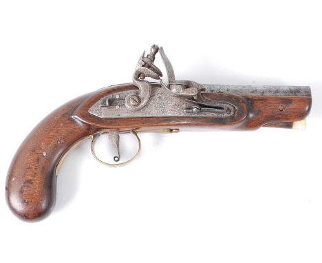 A 19th century Coastguard/Customs flintlock pistol, the 12cm barrel with ivory tipped ramrod below, the lock with remains of 