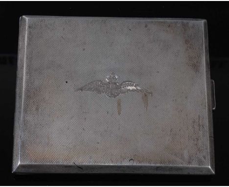 A WW II silver pocket cigarette case, having RAF crest and engine turned decoration, inscribed to the interior "Mybie from Be