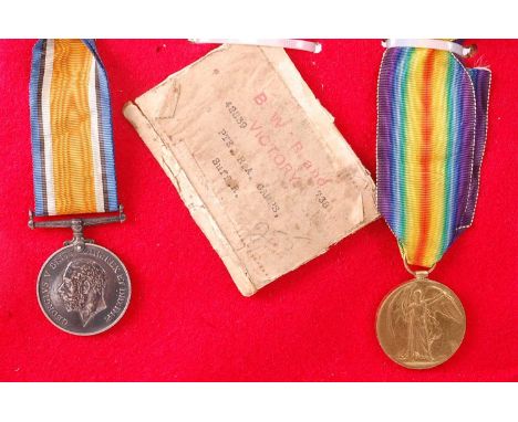 A WW I British War and Victory pair, naming 42839 PTE. R.A. CAMPS. SUFF. R., together with the remains of box. (3)