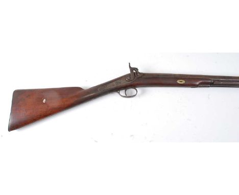 A 19th century percussion sporting gun, having an 81cm barrel with engraved hammer and foliate engraved lock signed H.H. Hill