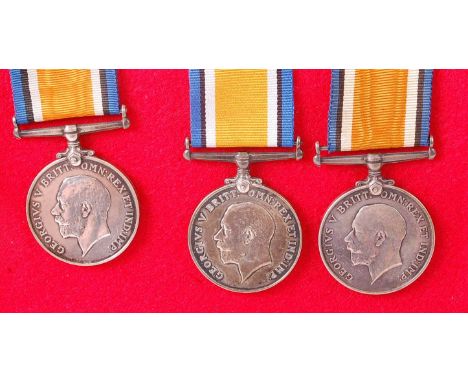 A collection of three WW I British War medals, naming DM2 - 179927. PTE. H. OXLEY. A.S.C., S - 355293. PTE. F. POTTER and R -