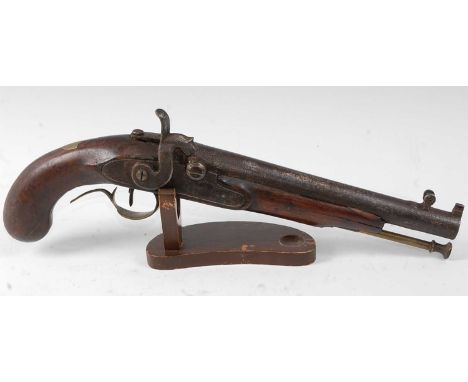 A 19th century English percussion pistol, having a 23cm sighted barrel marked London, with engraved hammer and lock, the waln