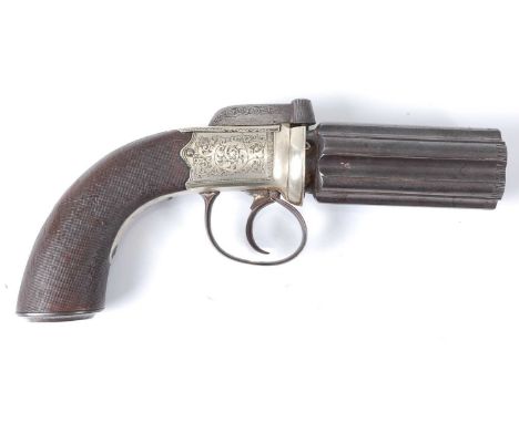 A 19th century self cocking bar hammer action percussion six shot pepperbox revolver, the 8.5cm barrels with alternating crow