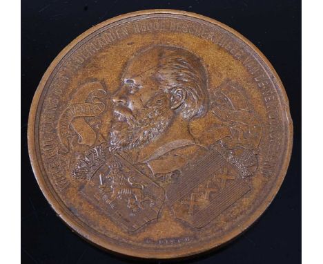 Netherlands, 1883 Amsterdam International Colonial and Export Exhibition prize medal,by Antoine Fisch (1827-1892), obv; bust 