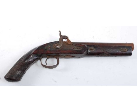 A 19th century percussion (flintlock conversion) overcoat pistol, the 21cm sighted circular barrel marked Holborn London, the