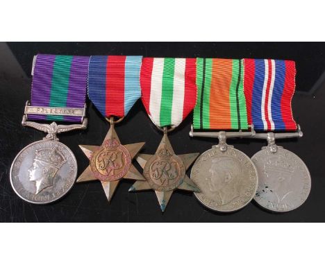 A group of five medals to include a George VI General Service medal (1918-1962) with Palestine clasp, naming 6008784 PTE J.C.