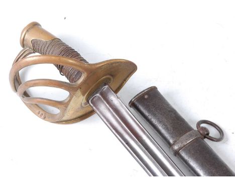 A French 1854 pattern Heavy Cavalry sword, having a 96cm double fullered blade, the three bar hilt numbered 1273 with partial