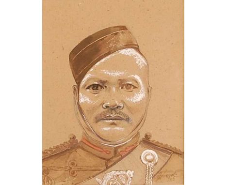 Paddy Blyth, 20th century, portrait study of a Gurkha, pencil and watercolour hightened in white, signed lower right and date
