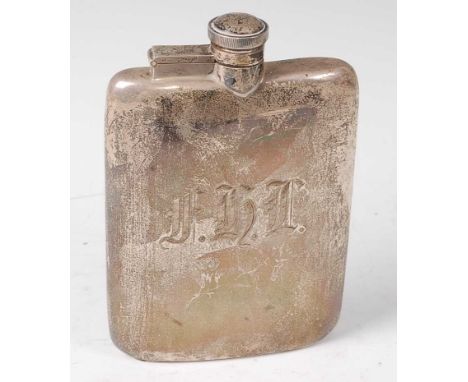 A George V silver hip flask, having a fixed bayonet cap and monogrammed body, maker James Dixon and Sons, Sheffield, 1929, 7o