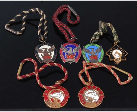 A collection of six Irish horse racing enamelled members badges to include Curragh 1948 numbered 199 and 1953 no. 299, Phoeni
