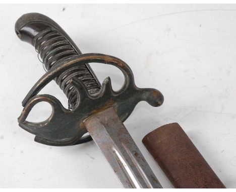 A 19th century sword, having an 81cm straight double fullered blade with the remains of a three bar hilt and partially bound 