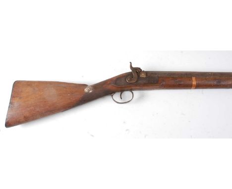A 19th century large bore fowling gun, having a 96cm two stage barrel, with engraved dolphin hammer, the foliate engraved loc