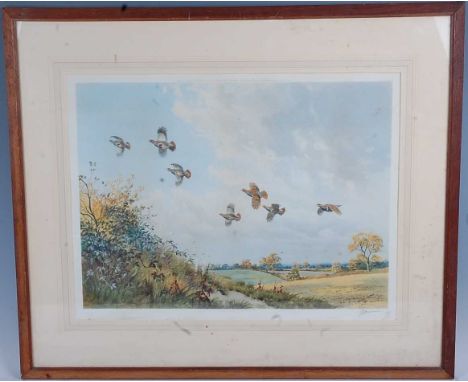 John Cyril Harrison, (1898-1985), Partridges in flight over a cornfield, coloured print, signed in pencil to the margin, 41 x