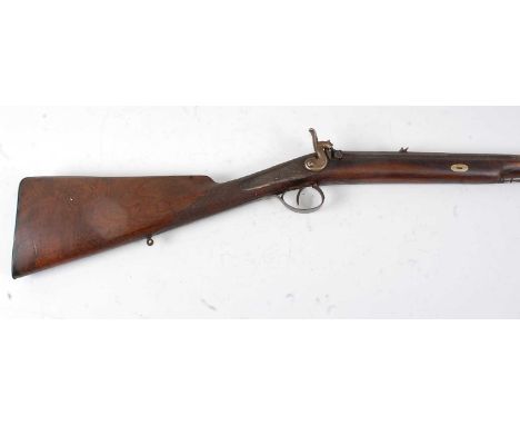 A 19th century percussion sporting gun, the 74cm two stage barrel with folding rear sight, having an engraved hammer and lock