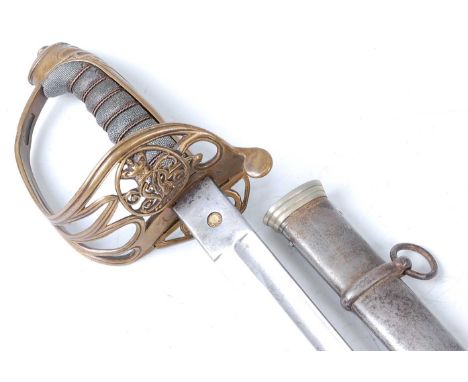 A British 1845 pattern Infantry Officer's sword, having an 82cm slightly curved fullered blade, the folding Gothic hilt with 