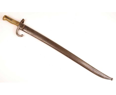 A French model 1866 Chassepot bayonet, having a 57cm Yataghan shaped fullered blade etched to the back edge Y Funcke &amp; Ci