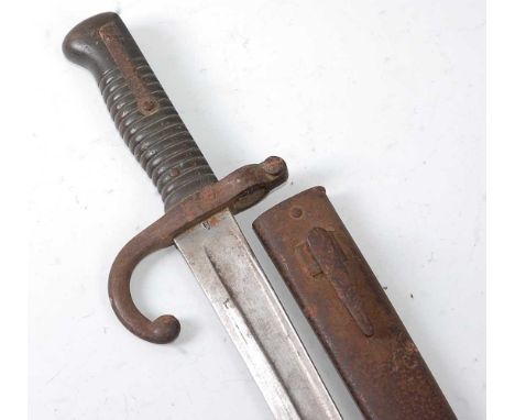 A French M1866 chassepot bayonet, the 57cm singled edged fullered Yataghan shaped blade marked to the forte with Knight's hel