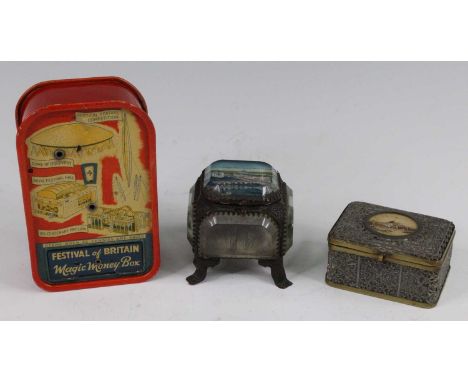 A 1951 Festival of Britain Magic Money box, printed with various Festival buildings, h.12.5cm, together with a Franco-British