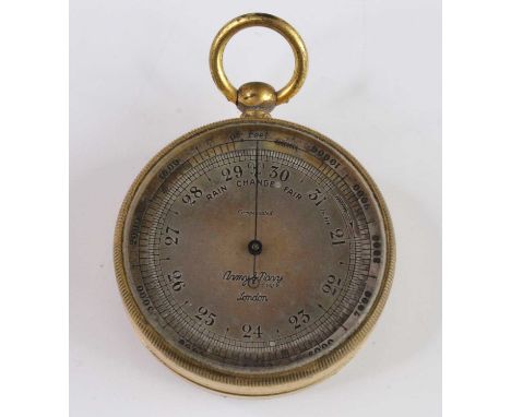 An early 20th century gilt metal cased compensated pocket barometer, the silvered dial signed Army &amp; Navy C.S. Ltd London