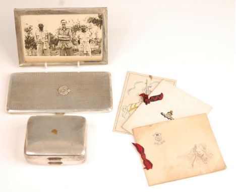 A George VI silver pocket cigarette case, of rectangular form having engine turned decoration and Royal Engineers badge, the 