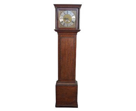 Wilkinson, Congleton 30 hour longcase clock, brass 12" dial, silvered chapter ring, cast spandrels, date aperture, oak case, 