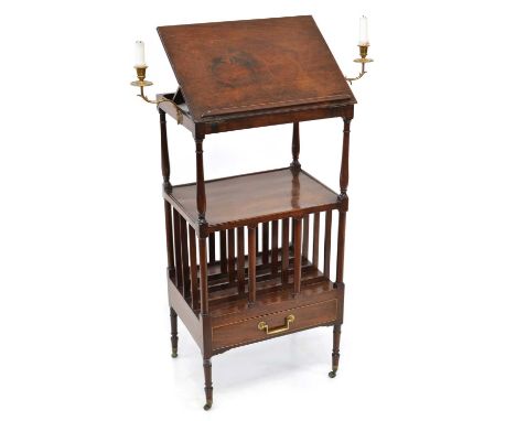 George III mahogany book stand, the rectangular top with ratchet support, two articulated brass candle sconces, platform shel