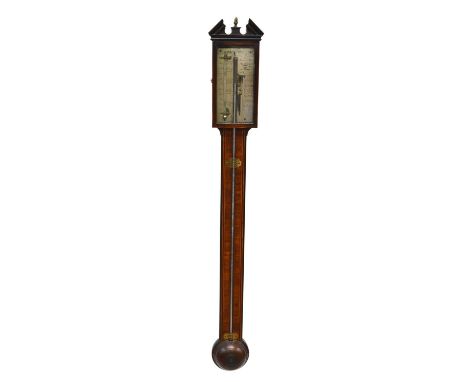 More &amp; Meroni, Manchester, mahogany stick barometer with whitewood stringing, top section with architectural pediment, si