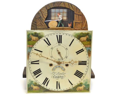 8-day longcase clock movement, striking on single hemispherical bell, re-painted arched dial with autometer woodsman sawing t