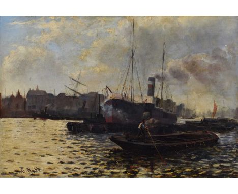 Harry George Webb (British 1882-1914) "The Port of London", signed, titled on fragmented artist's label verso, oil on canvas.