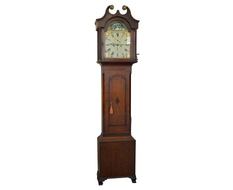 Hamilton, Congleton longcase clock, 8-day movement striking on single bell, painted arched dial containing automaton depictin