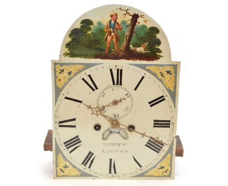 Merritt, Canterbury, 8-day longcase clock movement, striking on single bell, seat board, arched painted dial with picture pan