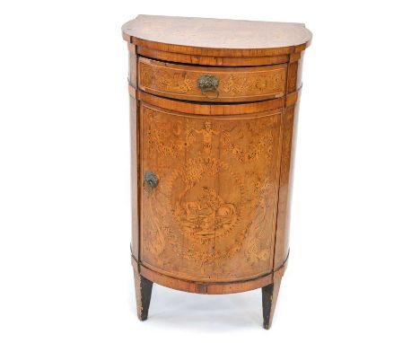 Mid-19th-century Dutch walnut and satinwood veneered side cabinet, semi-circular top, single frieze drawer, bow-front single 