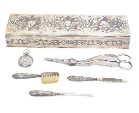 A selection of silver, to include a box by William Comyns, a sovereign case by William Hair Haseler, silver handled files and