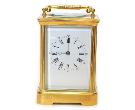 Early 20th-century carriage clock, two train movement striking on single gong, white enamelled dial with Roman numerals, bras