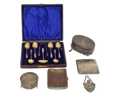 A selection of silver, to include an enamelled trinket box bearing the coat of arms of the Orient Steam Navigation Company by