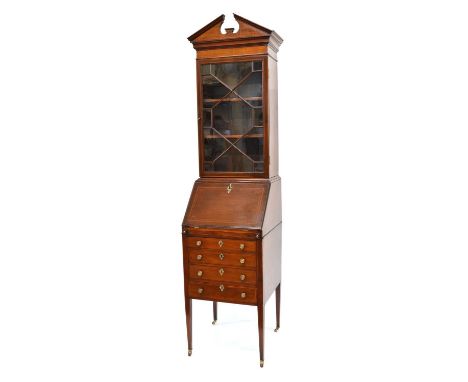 Edwardian mahogany bureau bookcase, architectural split pediment with thirteen pane astragal glazed door, flap opening to rev