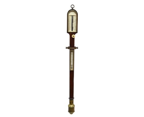 A. D. Brokouski Wapping stick barometer, arched dial containing nameplate, silvered vernias, mahogany trunk supporting mercur