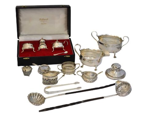 A selection of silver, to include a cased cruet set, toddy ladles, inkwell etc, gross weight of solid silver items 19.89ozt.