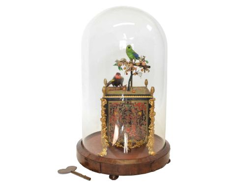 19th Century French automaton with two singing birds perched on a 'T' bar. The base is in the form of a four-sided planter ve