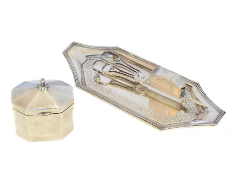 A selection of silver, to include a candle snuffer and accompanying tray, together with a tea caddy, Robert Hennell I, London